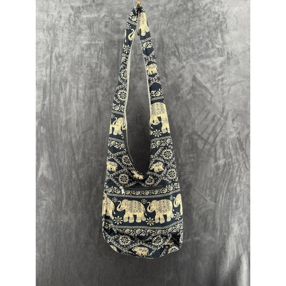 Boho Elephant Print Crossbody Sling Hobo Bag Cotton Black Beige Zip Pockets